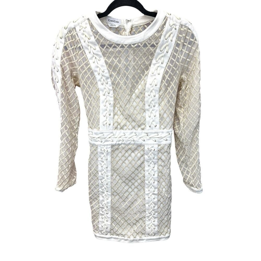 BEBE IVORY METALLIC EMBROIDERED MESH LACE UP DRESS KNEE LENGTH sz 8 - Picture 6 of 16